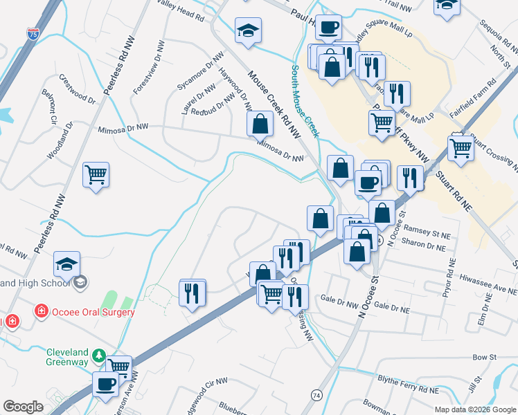 map of restaurants, bars, coffee shops, grocery stores, and more near 3801 Woodcrest Circle Northwest in Cleveland