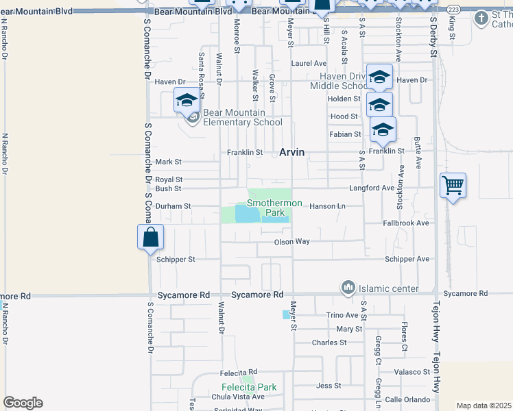 map of restaurants, bars, coffee shops, grocery stores, and more near 890 Walnut Drive in Arvin