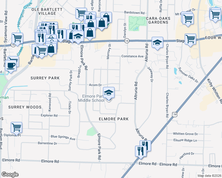 map of restaurants, bars, coffee shops, grocery stores, and more near 6310 Jupiter Avenue in Bartlett