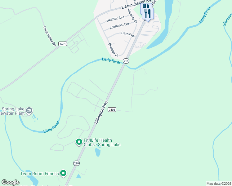 map of restaurants, bars, coffee shops, grocery stores, and more near 1912 Lillington Highway in Spring Lake