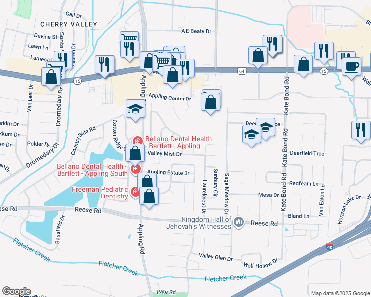 map of restaurants, bars, coffee shops, grocery stores, and more near 7558 Meadowland Drive in Memphis