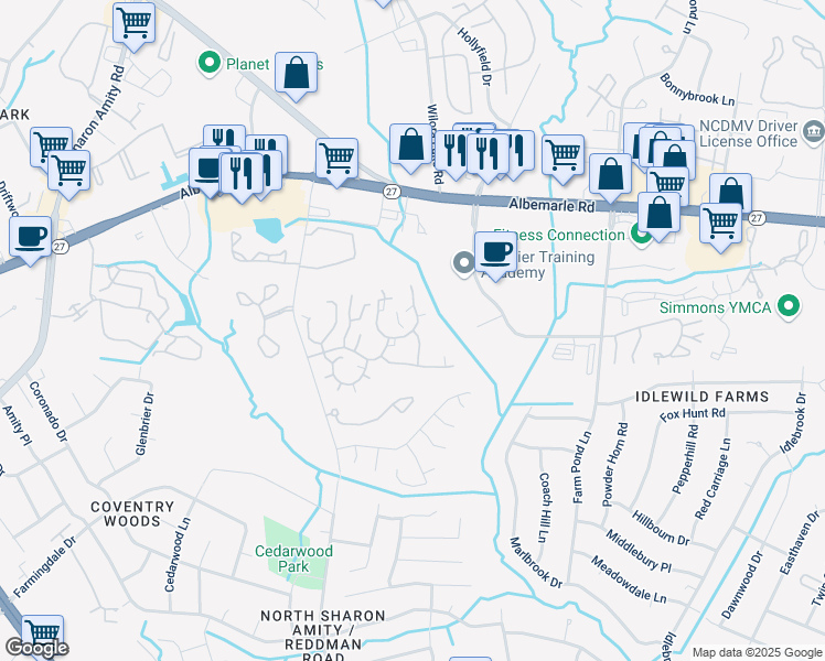 map of restaurants, bars, coffee shops, grocery stores, and more near 6000 Villages at Forest R Drive in Charlotte