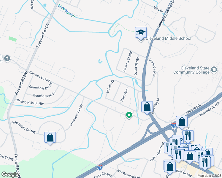 map of restaurants, bars, coffee shops, grocery stores, and more near 2940 West Lake Drive in Cleveland