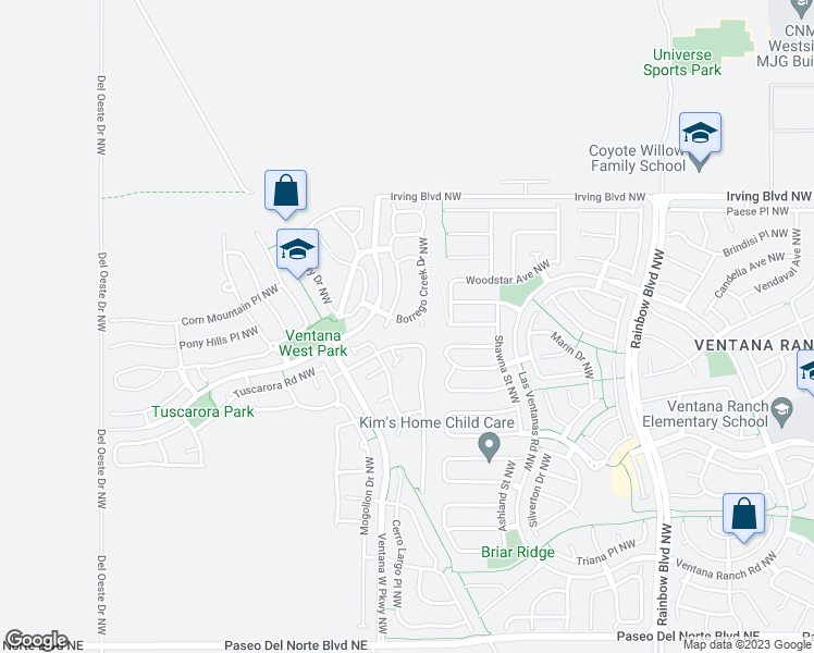 map of restaurants, bars, coffee shops, grocery stores, and more near 10408 Borrego Creek Drive Northwest in Albuquerque
