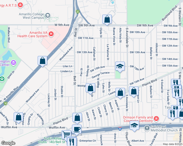 map of restaurants, bars, coffee shops, grocery stores, and more near 5413 Southwest 15th Avenue in Amarillo