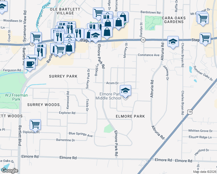 map of restaurants, bars, coffee shops, grocery stores, and more near 2693 Satellite Street in Memphis