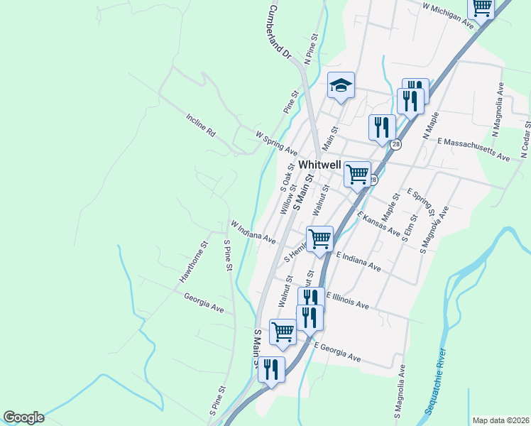 map of restaurants, bars, coffee shops, grocery stores, and more near 149 South Oak Street in Whitwell