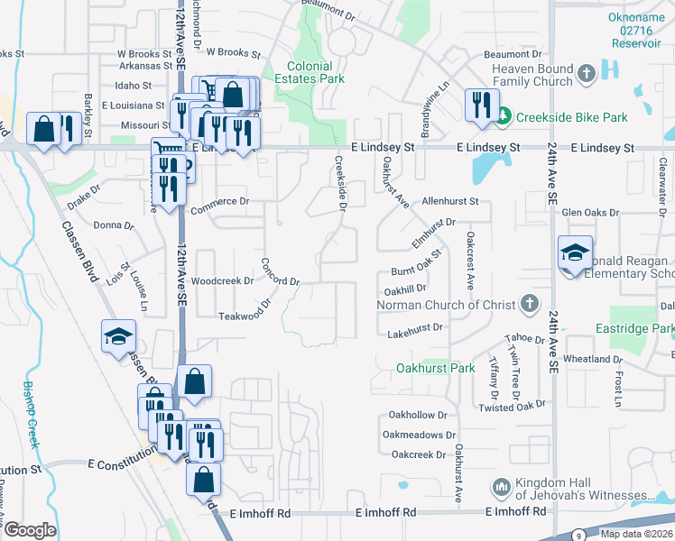 map of restaurants, bars, coffee shops, grocery stores, and more near 1712 Windchime Drive in Norman