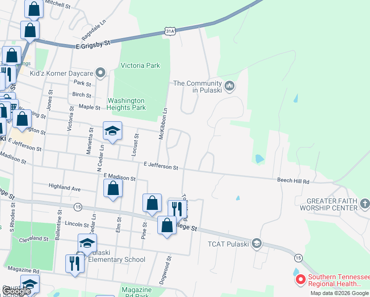 map of restaurants, bars, coffee shops, grocery stores, and more near 430 Longmeadow Circle in Pulaski