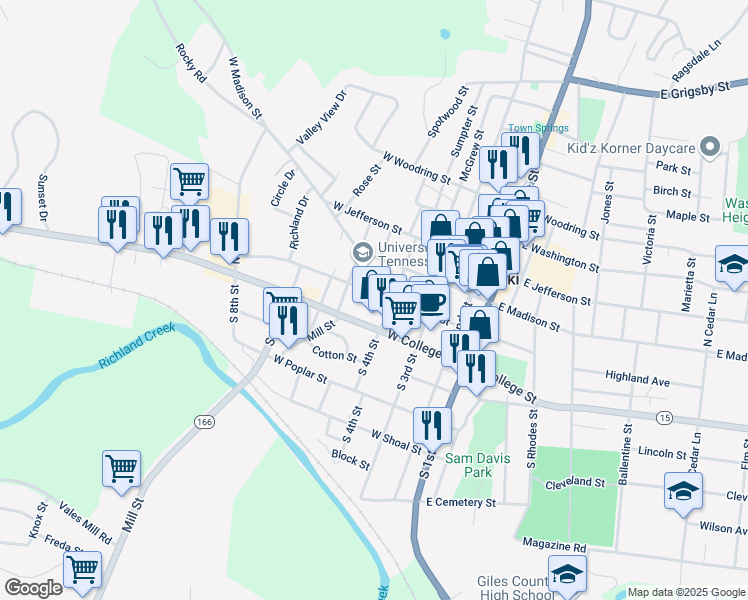 map of restaurants, bars, coffee shops, grocery stores, and more near 417 West Flower Street in Pulaski