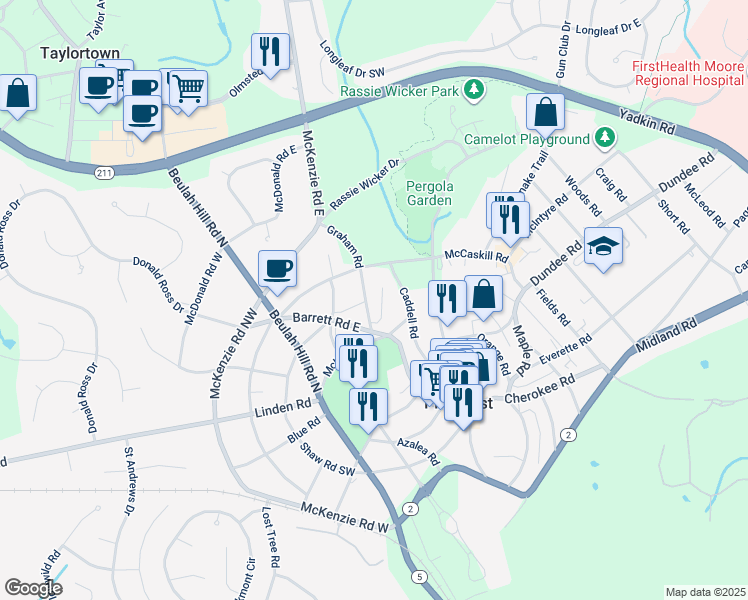 map of restaurants, bars, coffee shops, grocery stores, and more near 3 Village Ln in Pinehurst