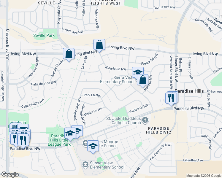 map of restaurants, bars, coffee shops, grocery stores, and more near Buena Vista in Albuquerque
