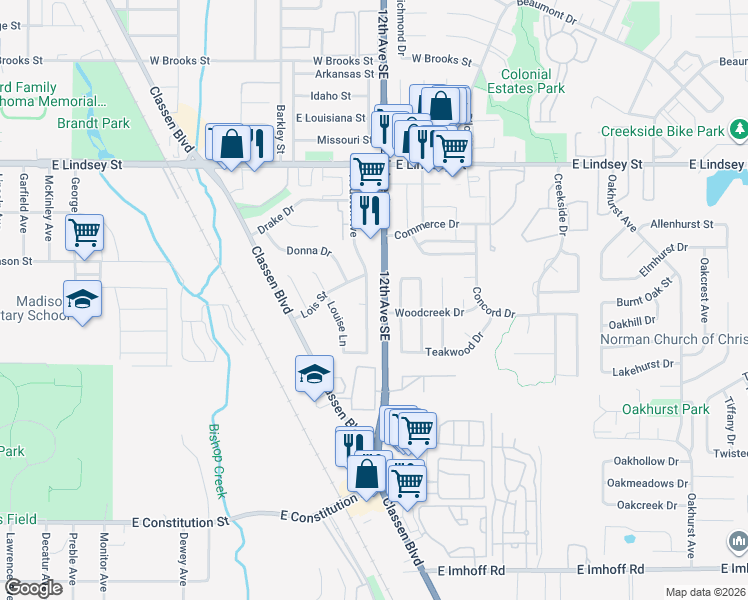 map of restaurants, bars, coffee shops, grocery stores, and more near 2315 Houston Avenue in Norman