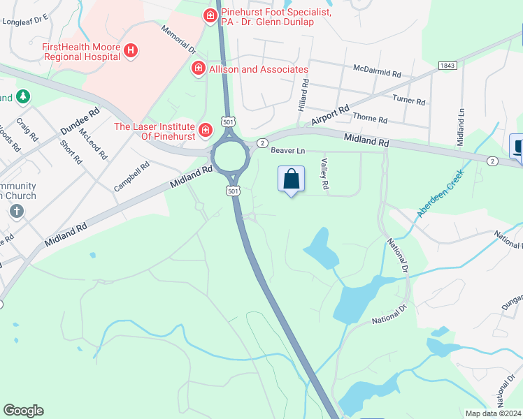 map of restaurants, bars, coffee shops, grocery stores, and more near Pinehurst Manor Road in Pinehurst