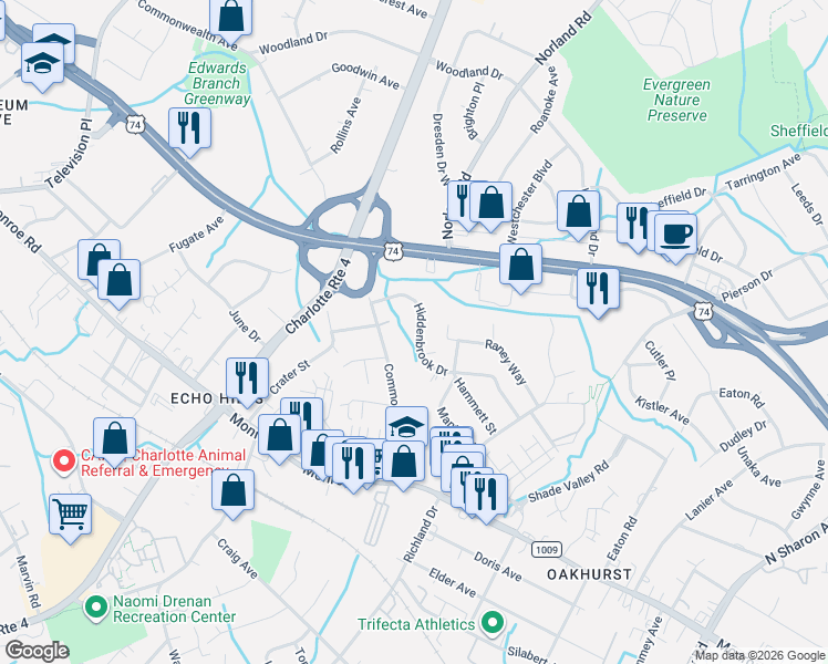 map of restaurants, bars, coffee shops, grocery stores, and more near 4100 Hiddenbrook Drive in Charlotte