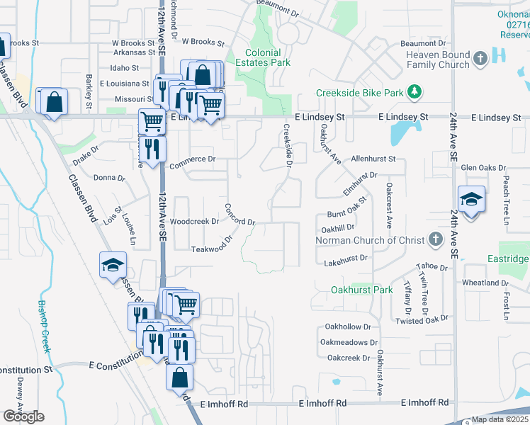 map of restaurants, bars, coffee shops, grocery stores, and more near 1536 Creekside Drive in Norman