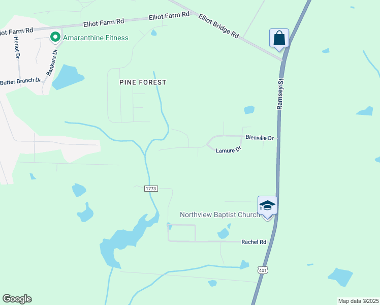 map of restaurants, bars, coffee shops, grocery stores, and more near 163 Bienville Drive in Fayetteville