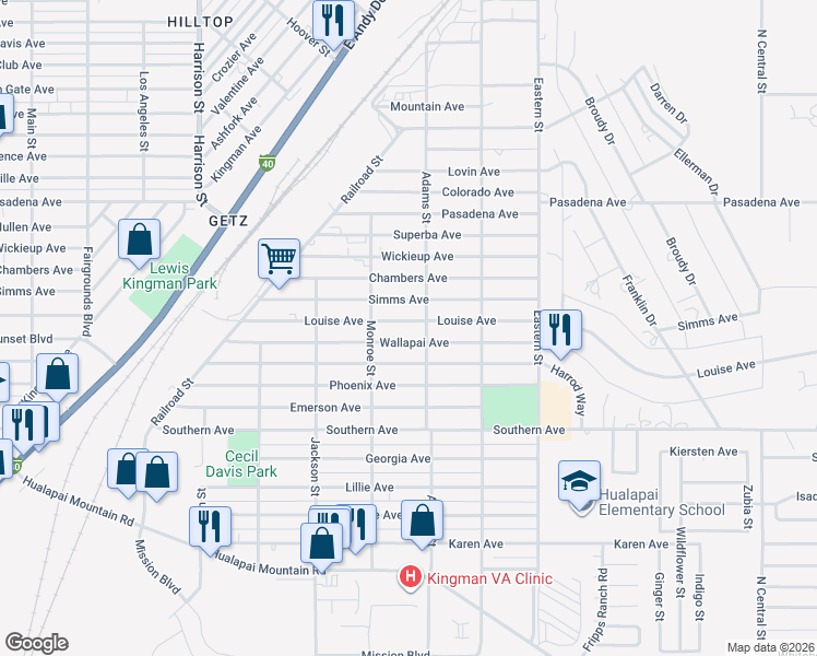 map of restaurants, bars, coffee shops, grocery stores, and more near 2634 Louise Avenue in Kingman
