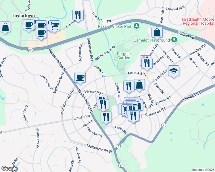 map of restaurants, bars, coffee shops, grocery stores, and more near 3 Village Ln in Pinehurst