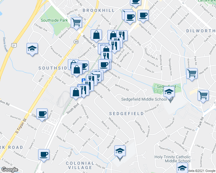 map of restaurants, bars, coffee shops, grocery stores, and more near 237 Elmhurst Road in Charlotte