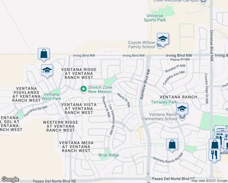 map of restaurants, bars, coffee shops, grocery stores, and more near 10344 Marin Drive Northwest in Albuquerque