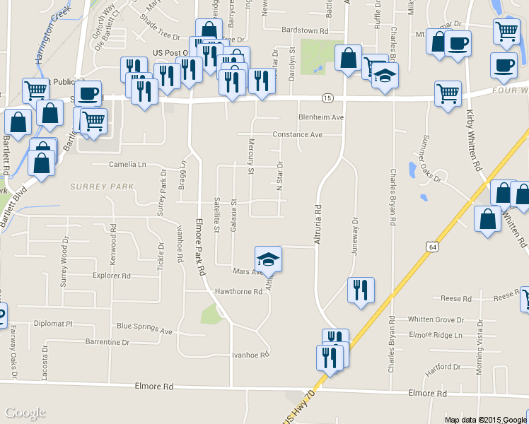 map of restaurants, bars, coffee shops, grocery stores, and more near 6310 Jupiter Avenue in Bartlett