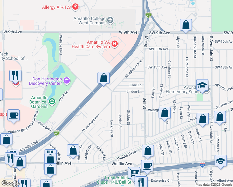 map of restaurants, bars, coffee shops, grocery stores, and more near 6035 Linden Lane in Amarillo
