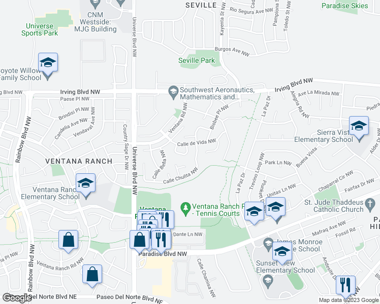 map of restaurants, bars, coffee shops, grocery stores, and more near 6315 Calle Tesoro Northwest in Albuquerque