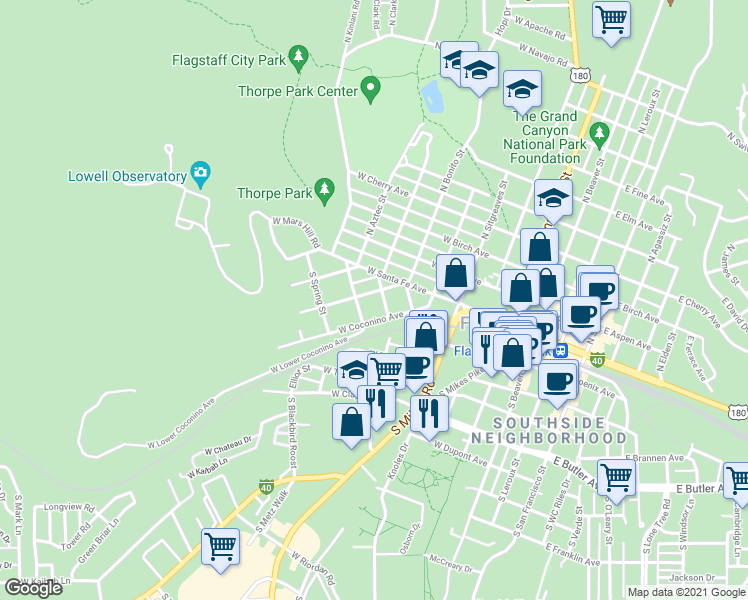 map of restaurants, bars, coffee shops, grocery stores, and more near 15 South Walnut Street in Flagstaff