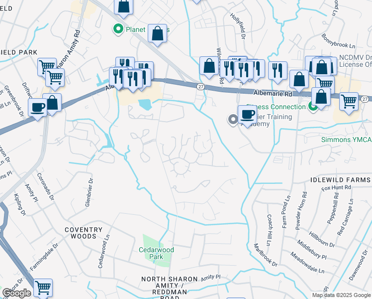 map of restaurants, bars, coffee shops, grocery stores, and more near 6067 Pinebark Court in Charlotte
