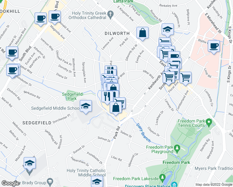 map of restaurants, bars, coffee shops, grocery stores, and more near 2420 Charlotte Drive in Charlotte