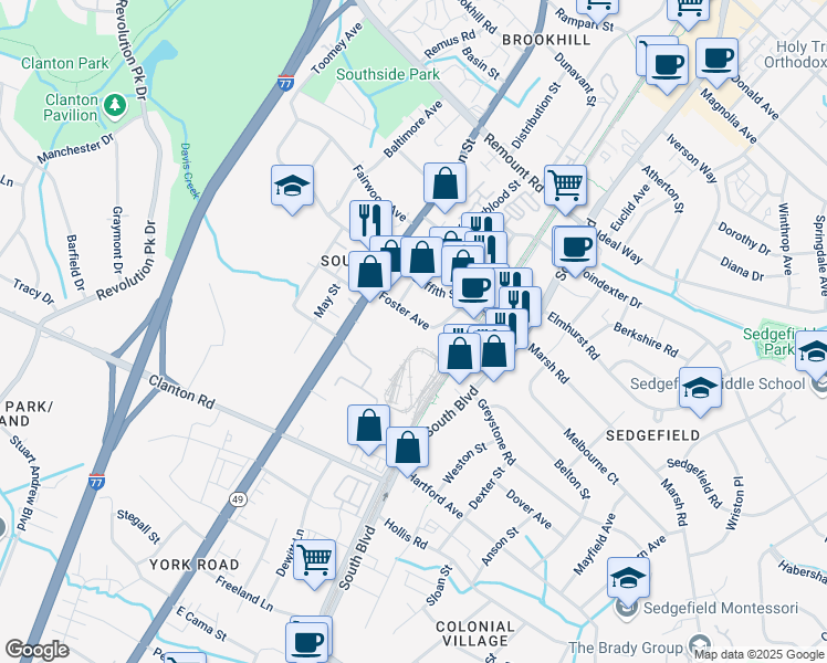 map of restaurants, bars, coffee shops, grocery stores, and more near 3201 South Tryon Street in Charlotte