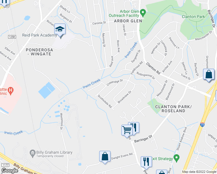 map of restaurants, bars, coffee shops, grocery stores, and more near 3932 Sunnycrest Lane in Charlotte