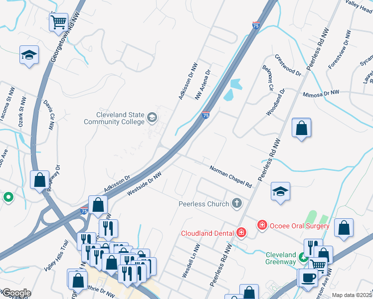 map of restaurants, bars, coffee shops, grocery stores, and more near 1270 Norman Chapel Road Northwest in Cleveland