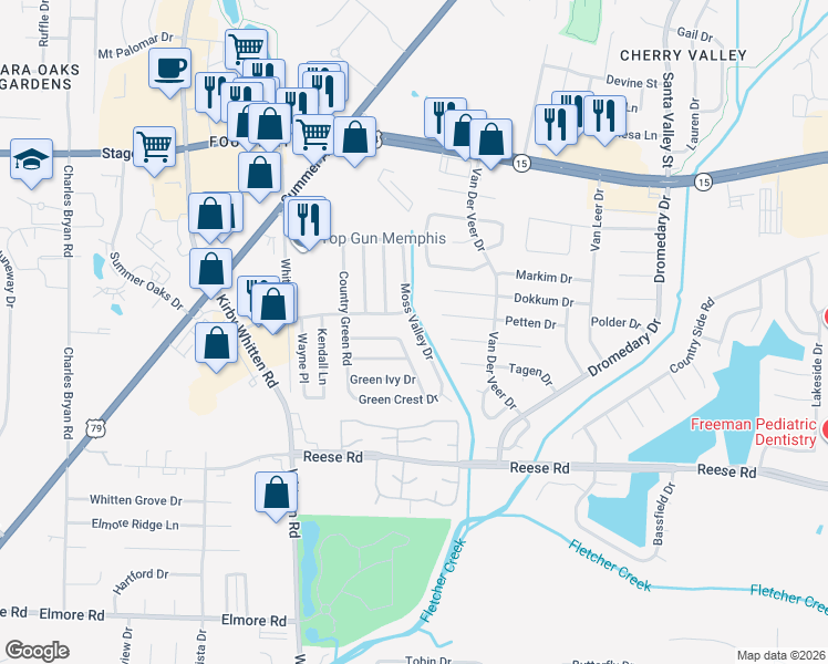 map of restaurants, bars, coffee shops, grocery stores, and more near 2688 Morning Mist Lane in Memphis
