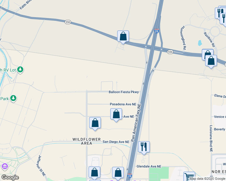 map of restaurants, bars, coffee shops, grocery stores, and more near 5651 Balloon Fiesta Parkway Northeast in Albuquerque