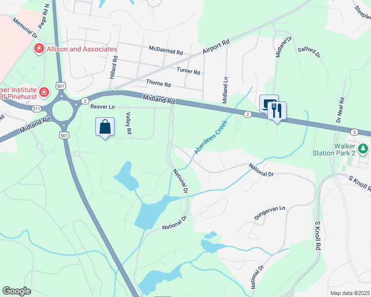 map of restaurants, bars, coffee shops, grocery stores, and more near 246 National Drive in Pinehurst