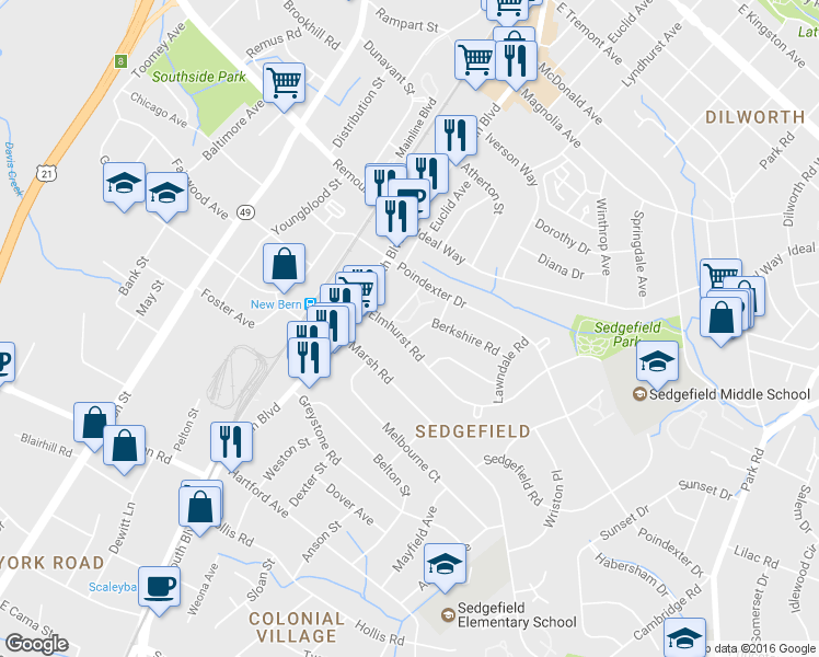 map of restaurants, bars, coffee shops, grocery stores, and more near 301 Berkshire Road in Charlotte