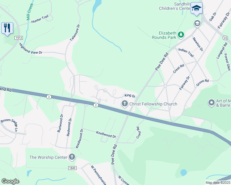 map of restaurants, bars, coffee shops, grocery stores, and more near Manigault Place in Southern Pines