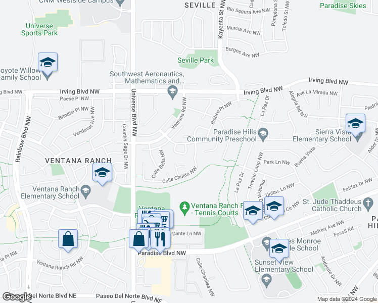 map of restaurants, bars, coffee shops, grocery stores, and more near 6312 Calle Tesoro Northwest in Albuquerque