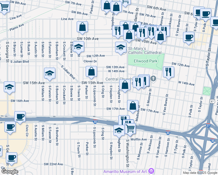map of restaurants, bars, coffee shops, grocery stores, and more near 1506 South Hayden Street in Amarillo
