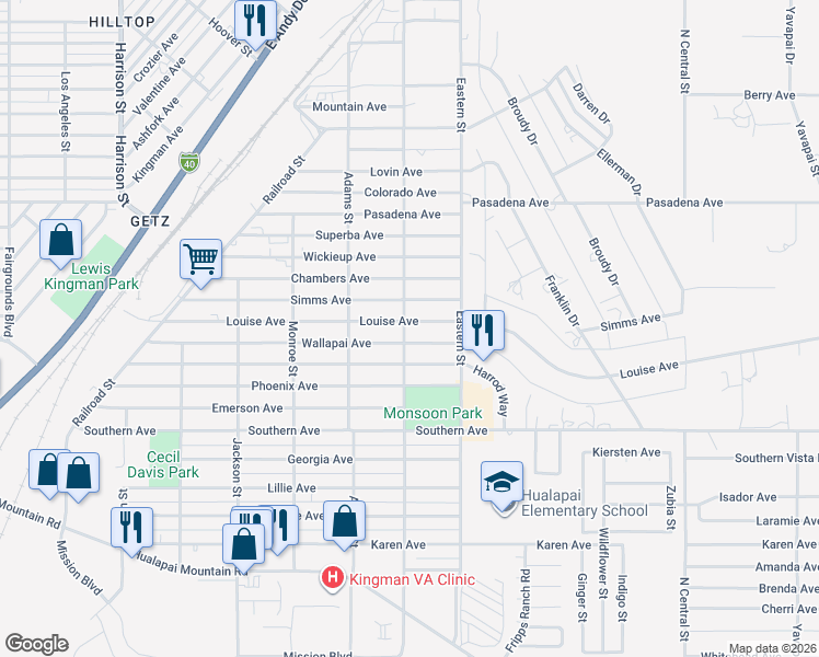 map of restaurants, bars, coffee shops, grocery stores, and more near 2804 Louise Avenue in Kingman