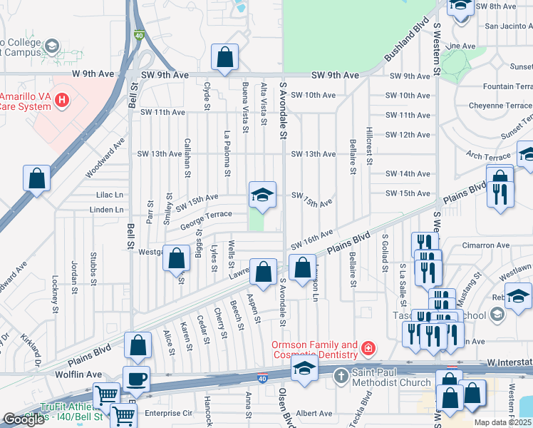 map of restaurants, bars, coffee shops, grocery stores, and more near 1500 South Avondale Street in Amarillo