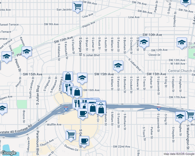 map of restaurants, bars, coffee shops, grocery stores, and more near 1504 South Rusk Street in Amarillo