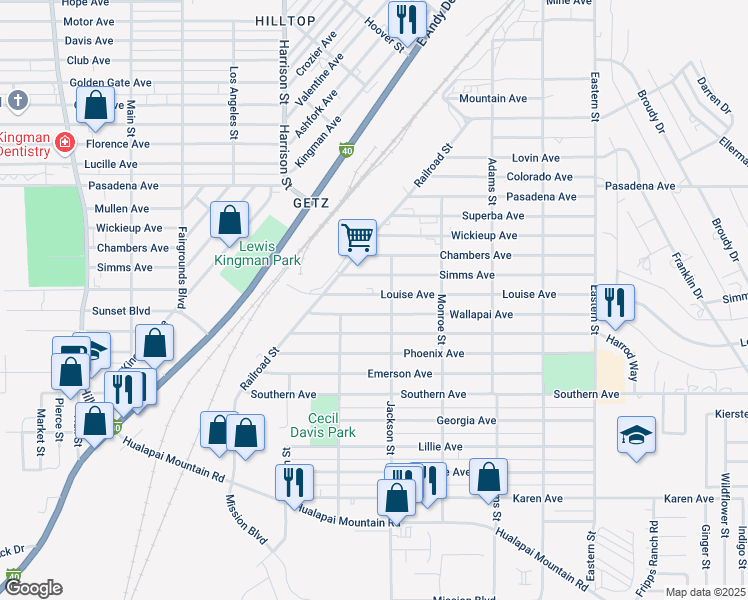 map of restaurants, bars, coffee shops, grocery stores, and more near 2436 Louise Ave in Kingman