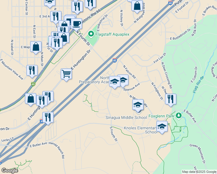 map of restaurants, bars, coffee shops, grocery stores, and more near 1401 Fourth Street in Flagstaff
