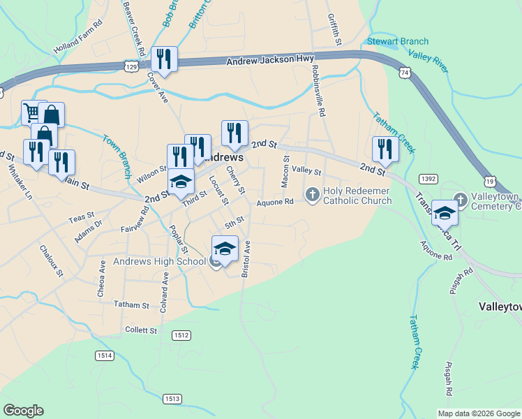 map of restaurants, bars, coffee shops, grocery stores, and more near 32 Aquone Road in Andrews