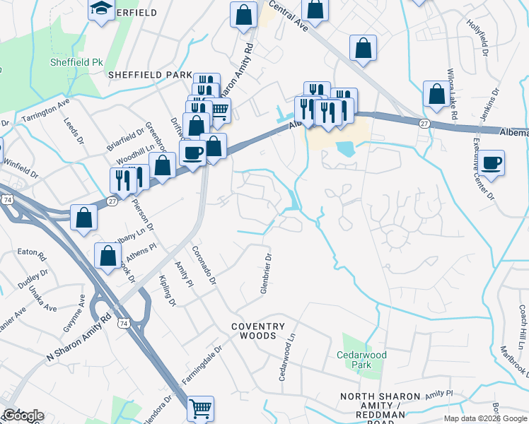 map of restaurants, bars, coffee shops, grocery stores, and more near 5624 Amity Springs Drive in Charlotte
