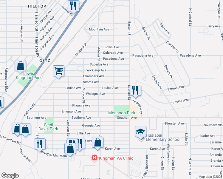 map of restaurants, bars, coffee shops, grocery stores, and more near 2804 Louise Avenue in Kingman