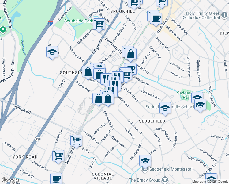 map of restaurants, bars, coffee shops, grocery stores, and more near 145 New Bern Street in Charlotte